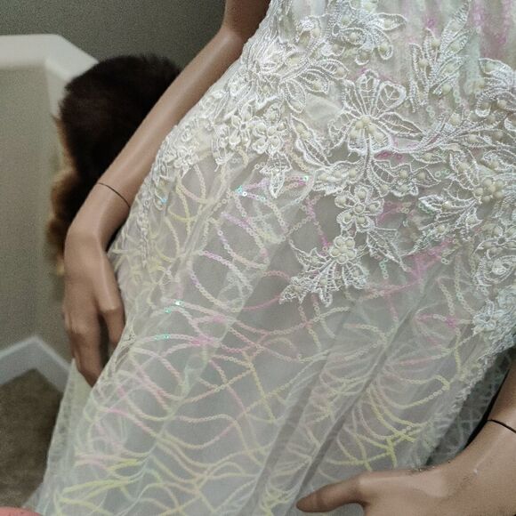 Color Shifting Sequins & Beaded Embroidered Lace Tulle Gown, White Wedding Dress - Picture 7 of 17